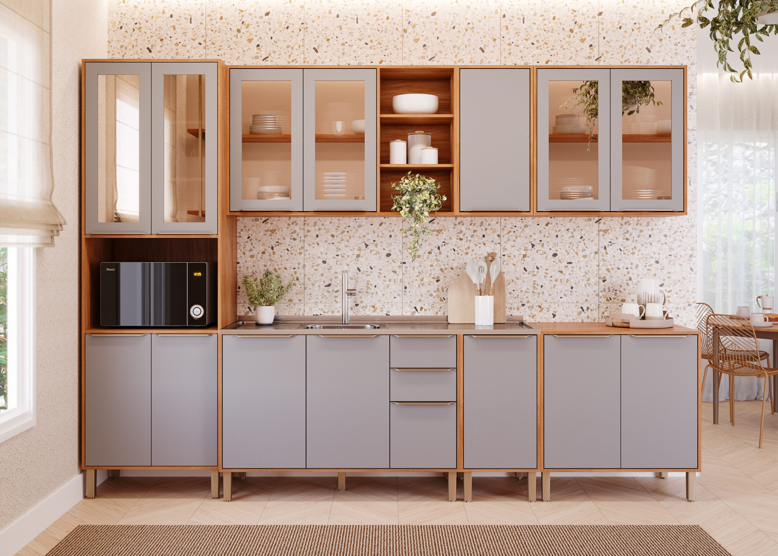 COZINHA BRILHANTE COMBO TORRE REFLECTA 1 FORNO + MOD 120 COM PIA + MOD 40 + MOD 80 CINAMOMO_PLATINA