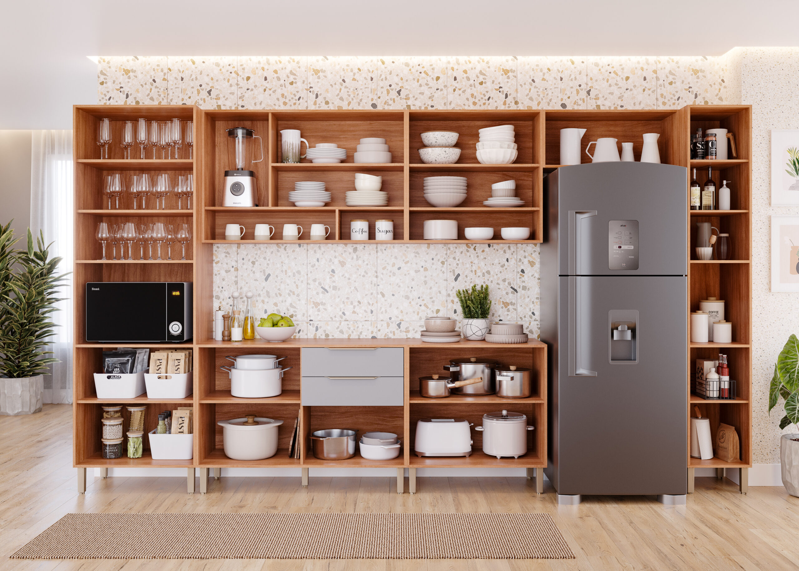 COZINHA CELESTE COMBO TORRE REFLECTA 1 FORNO + MOD 120 + MOD 80 + AÉREO GELADEIRA + TORRE NICHO CINAMOMO_PLATINA (INTERNO DECORADO)