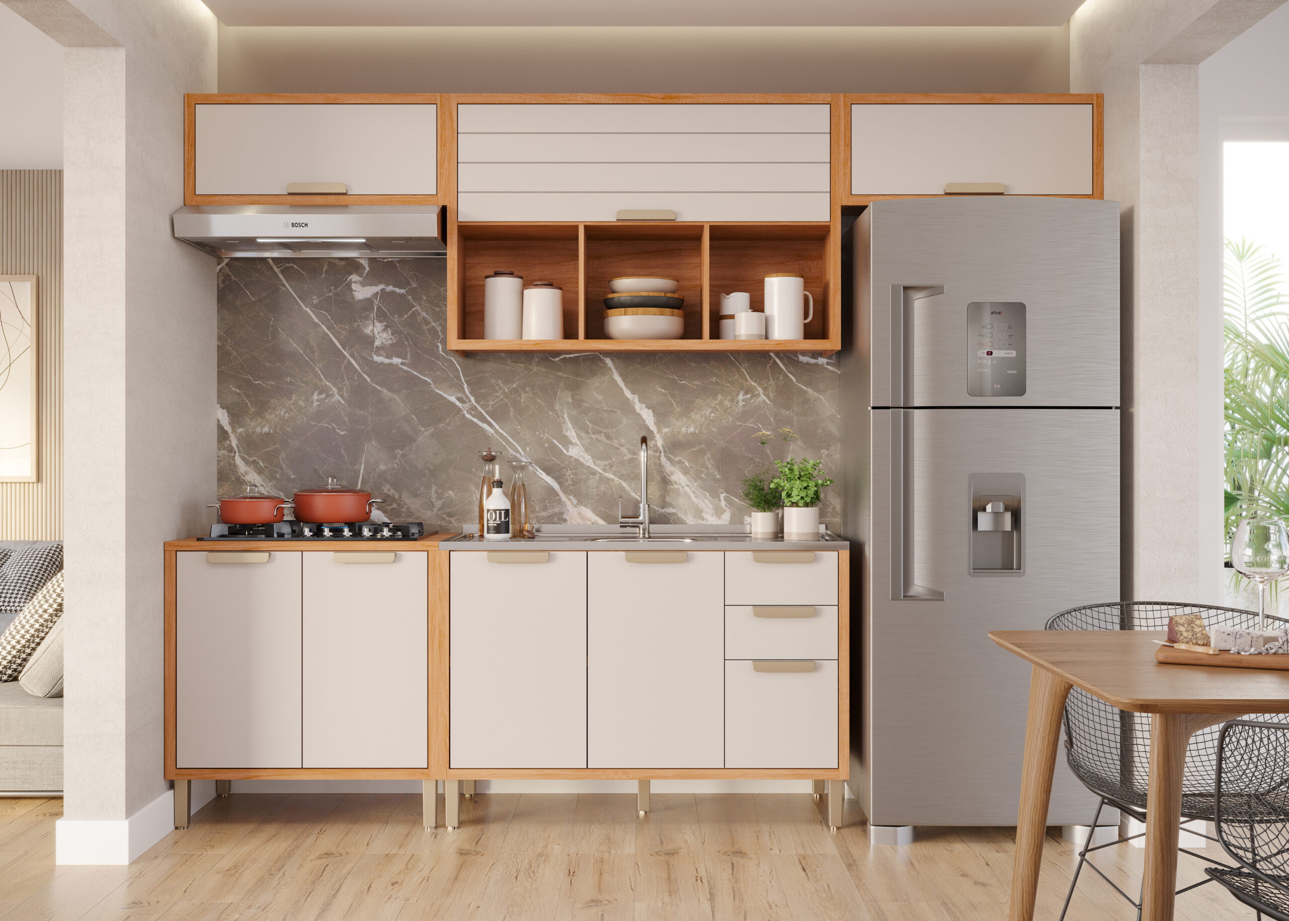 COZINHA ELOISE COMBO BALCÃO 80 COM COOKTOP E AÉREO GELADEIRA + MOD 120 COM PIA + AÉREO GELADEIRA CINAMOMO_OFF