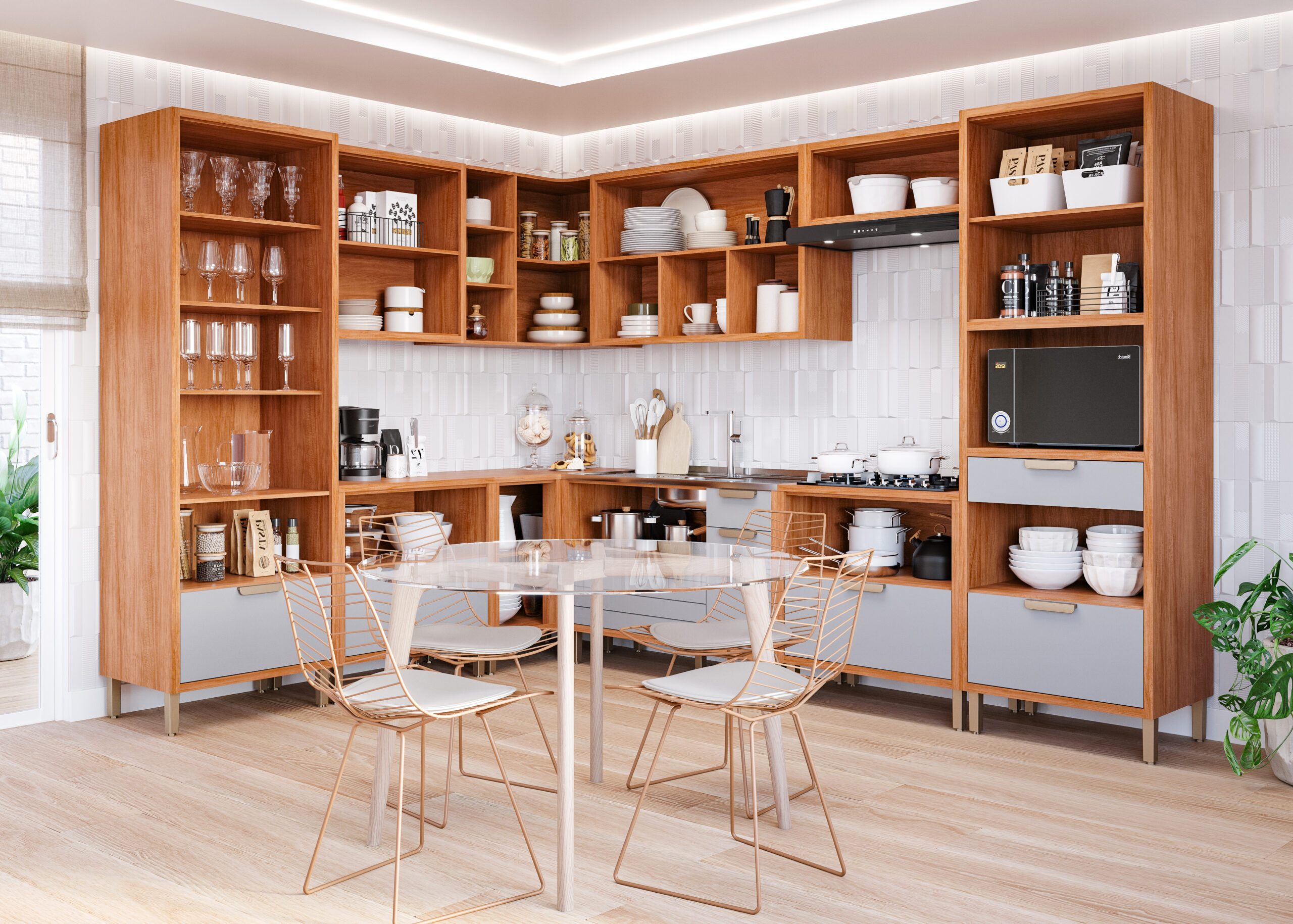 COZINHA ELOISE COMBO CRISTALEIRA + MOD 80 + CANTO + MOD 120 + MOD 80 COM COOKTOP E COIFA + TORRE 1 FORNO CINAMOMO_PLATINA (INTERNO DECORADO)