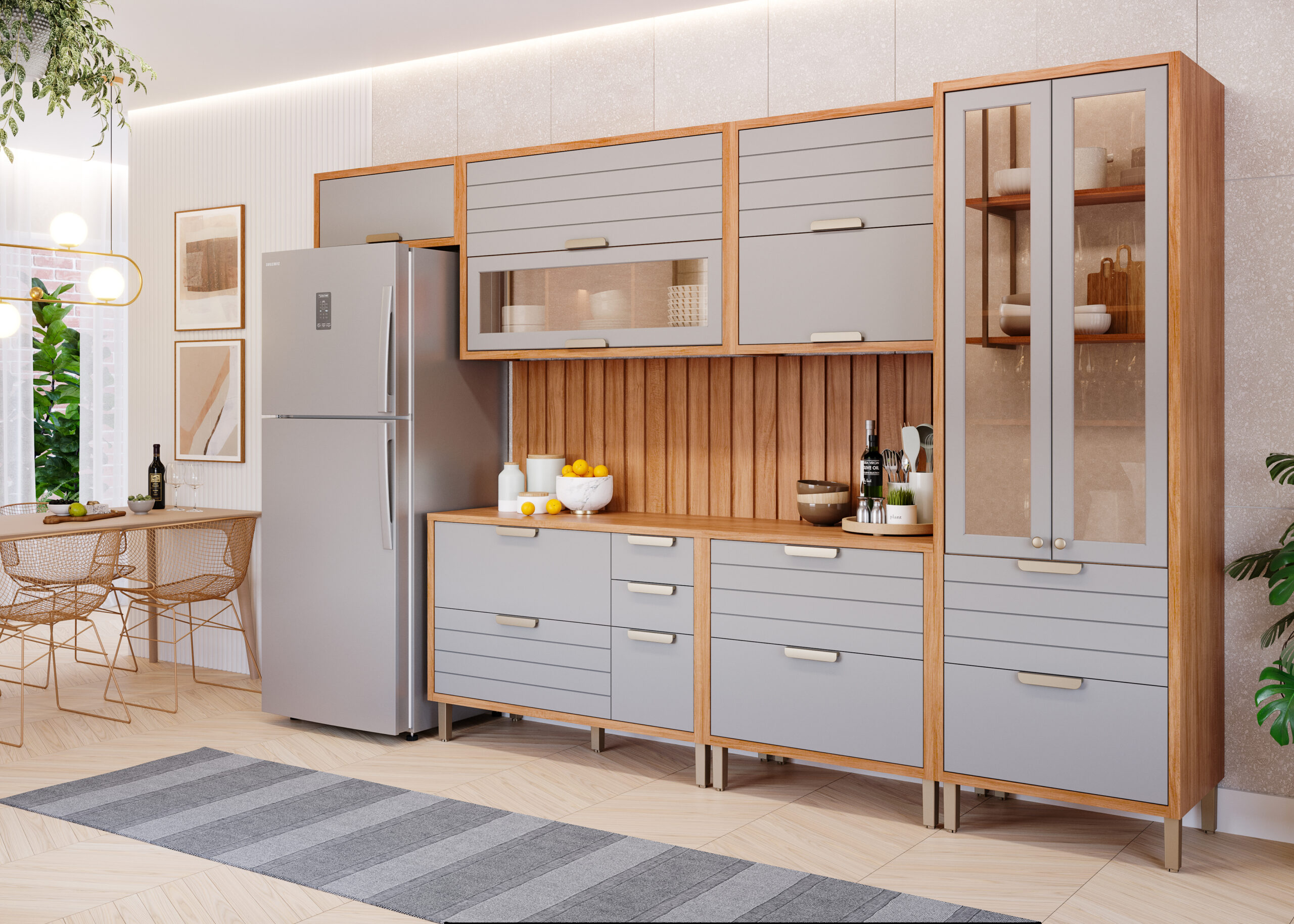 COZINHA ELOISE COMBO CRISTALEIRA + MOD 80 + MOD 120 COM AÉREO REFLECTA + AÉREO GELADEIRA CINAMOMO_PLATINA