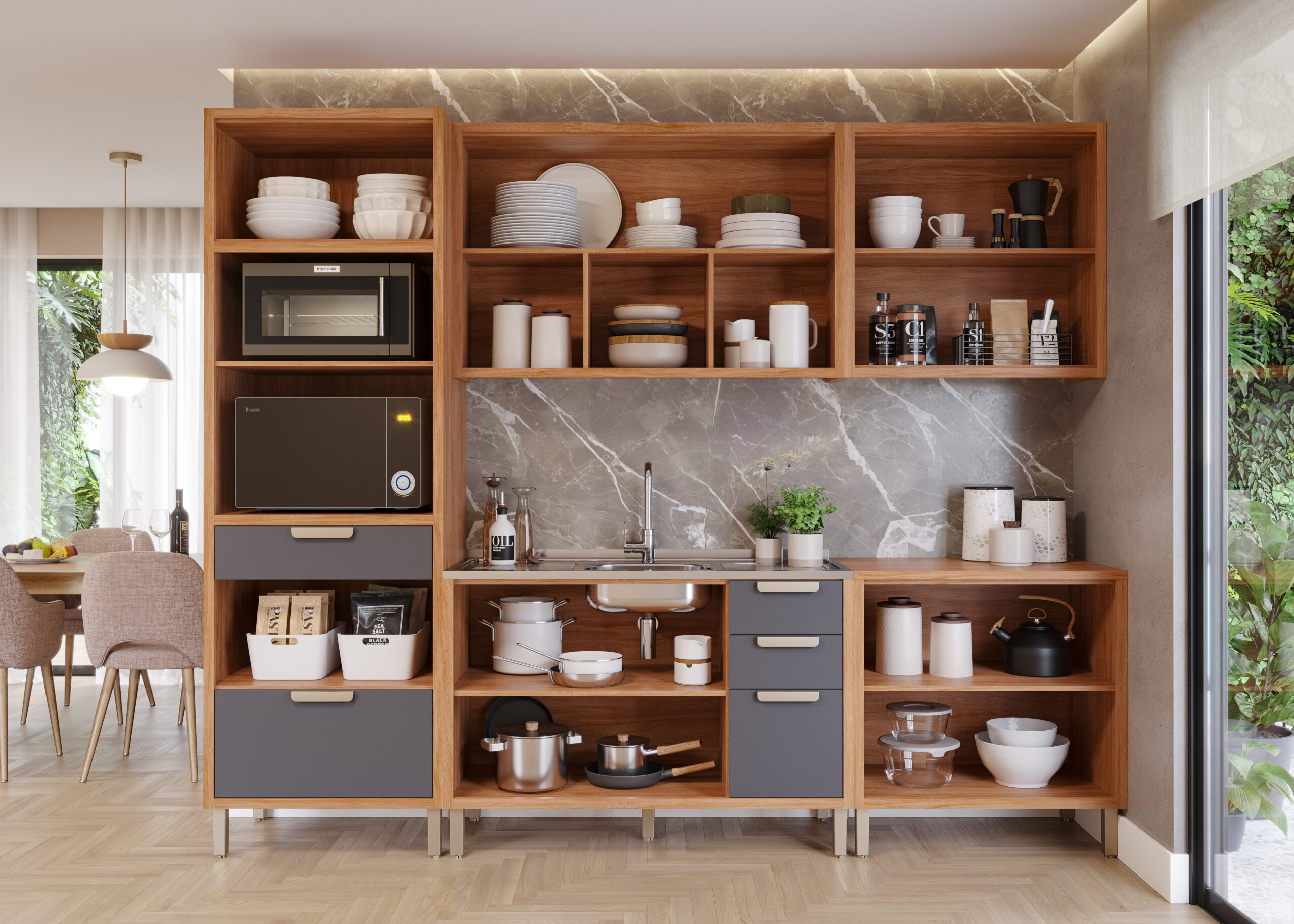 COZINHA ELOISE COMBO TORRE 2 FORNOS + MOD 120 COM AÉREO REFLECTA E PIA + MOD 80 CINAMOMO_TITÂNIO (INTERNO DECORADO)