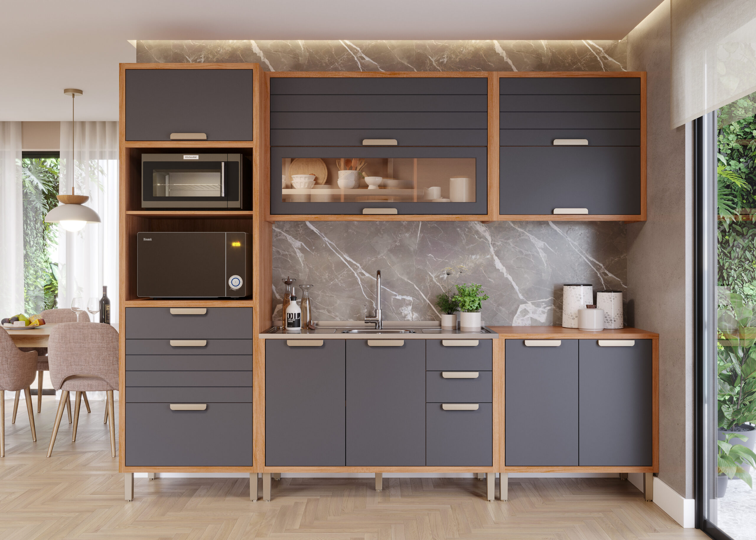 COZINHA ELOISE COMBO TORRE 2 FORNOS + MOD 120 COM AÉREO REFLECTA E PIA + MOD 80 CINAMOMO_TITÂNIO