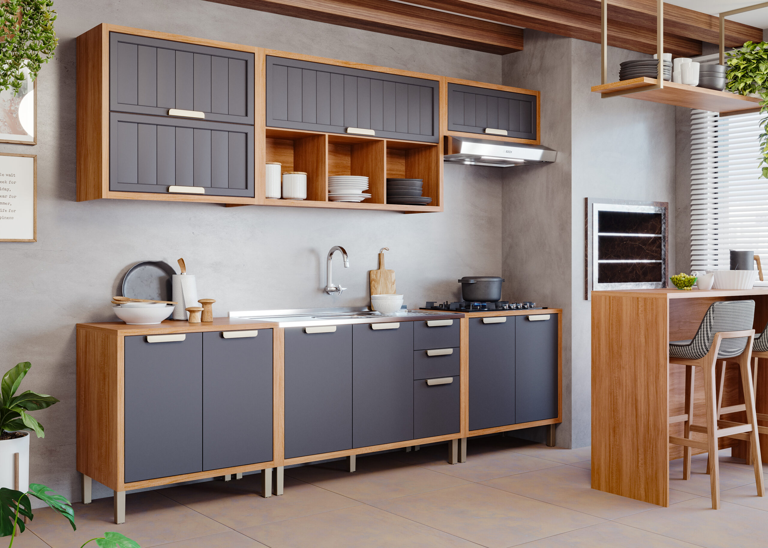COZINHA ESTELA COMBO MOD 80 + MOD 120 COM PIA + MOD 80 COM COOKTOP E AÉREO GELADEIRA CINAMOMO_TITÂNIO-2