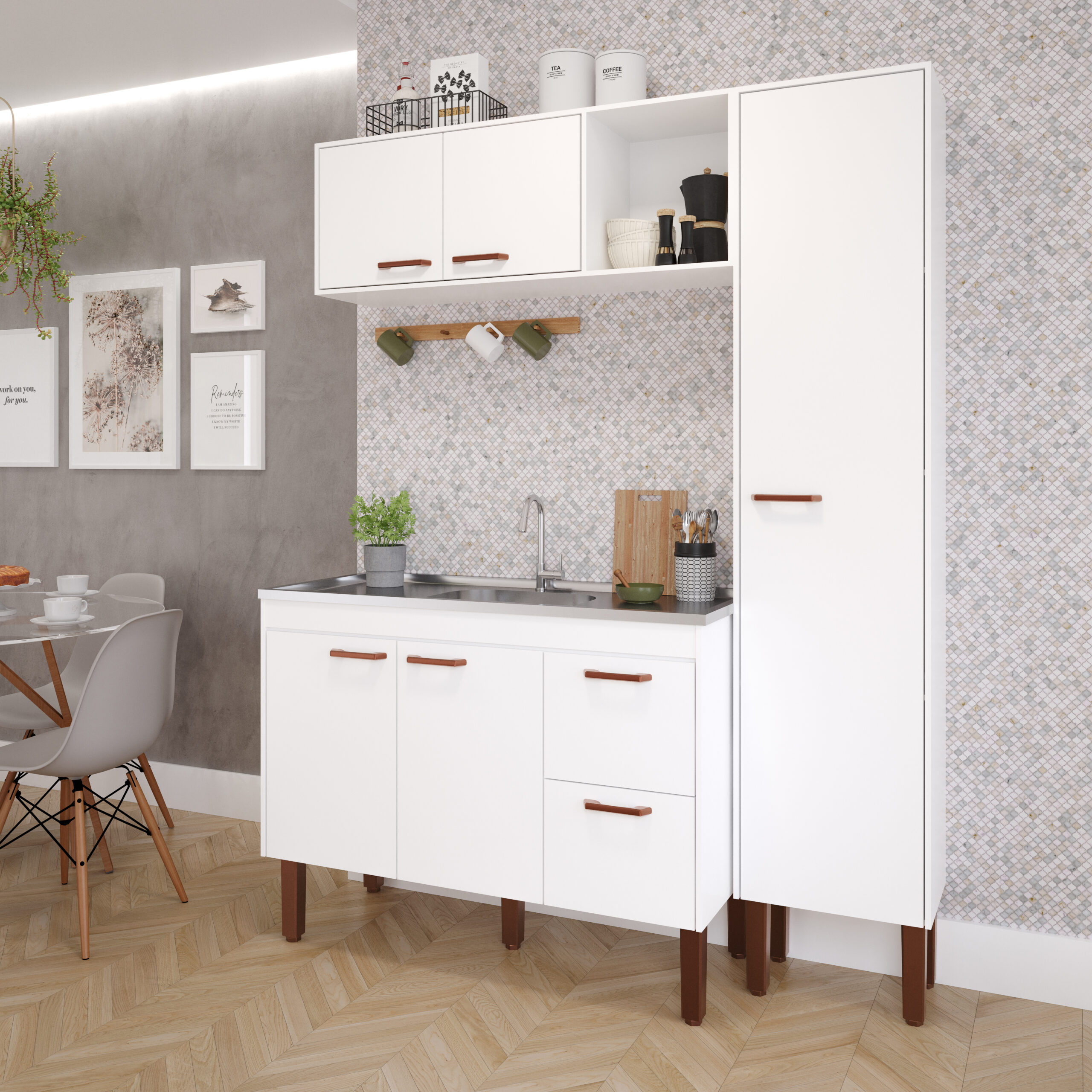 BALCÃO SLIM + AÉREO SLIM 1,14 + PANELEIRO BRANCO