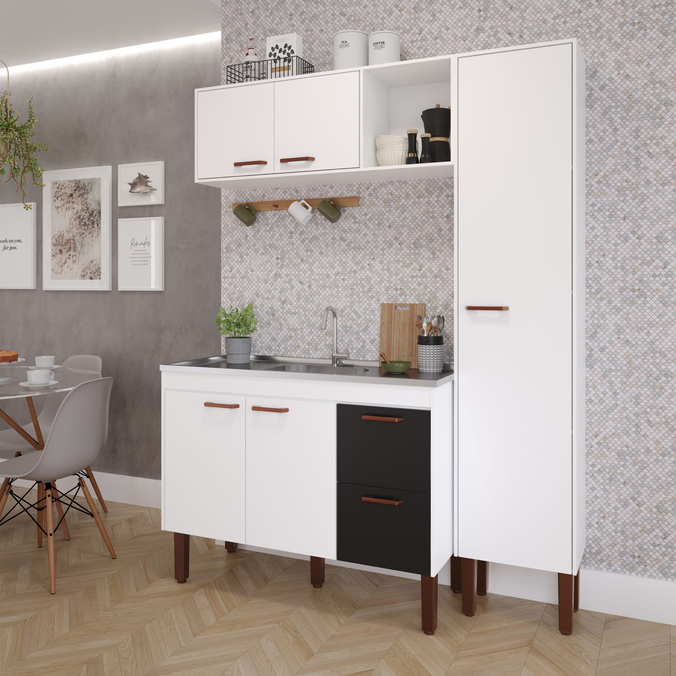 BALCÃO SLIM + AÉREO SLIM 1,14 + PANELEIRO BRANCO_PRETO