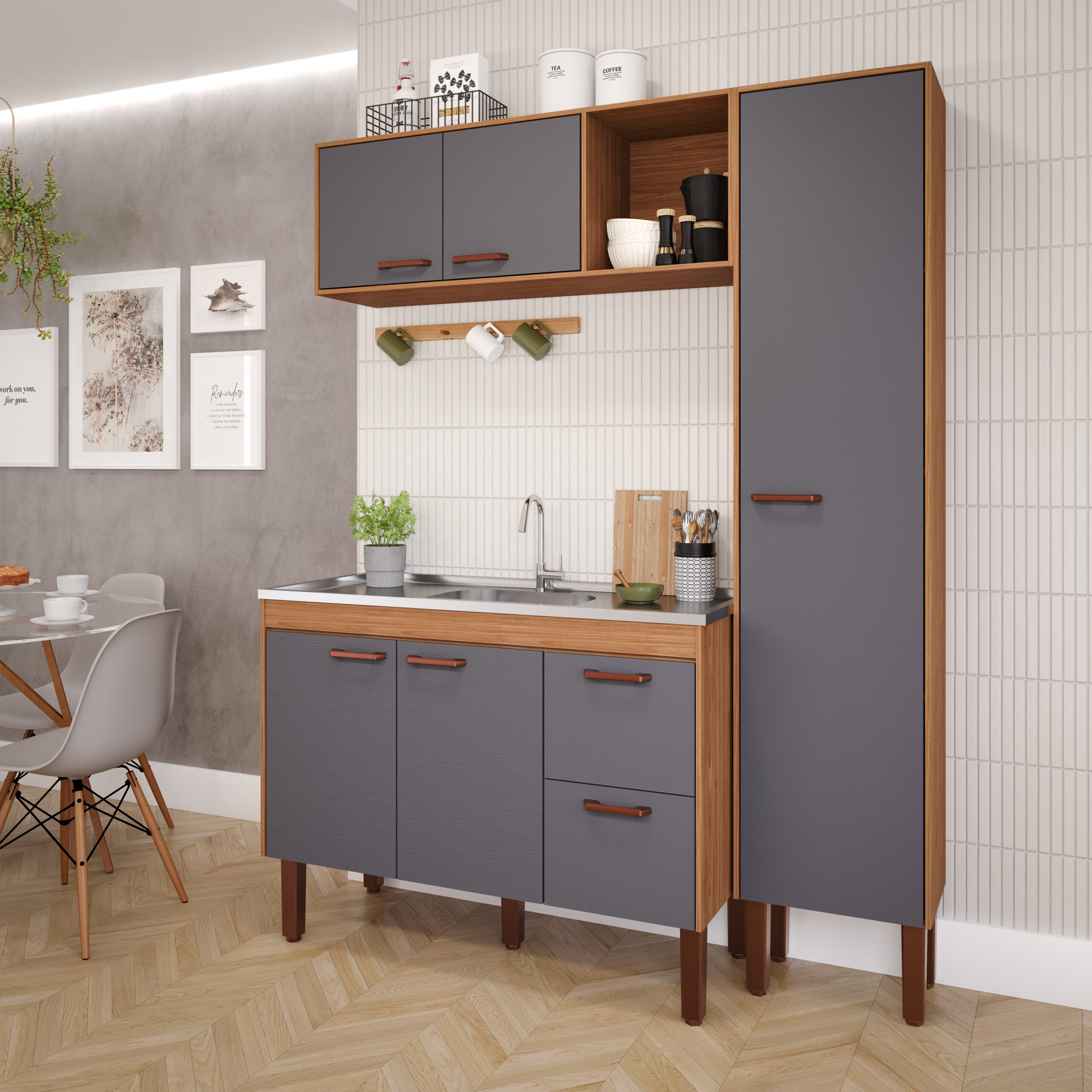 BALCÃO SLIM + AÉREO SLIM 1,14 + PANELEIRO FREIJÓ_TITÂNIO