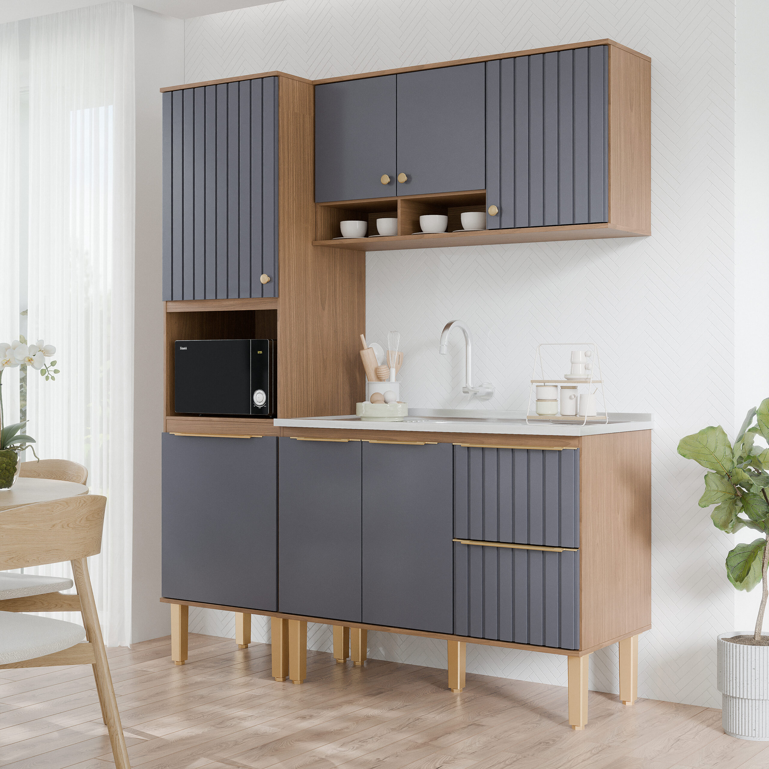 COZINHA AGATA PANELEIRO + AEREO 114 + BALCÃO 114 TITANIO - FREIJO