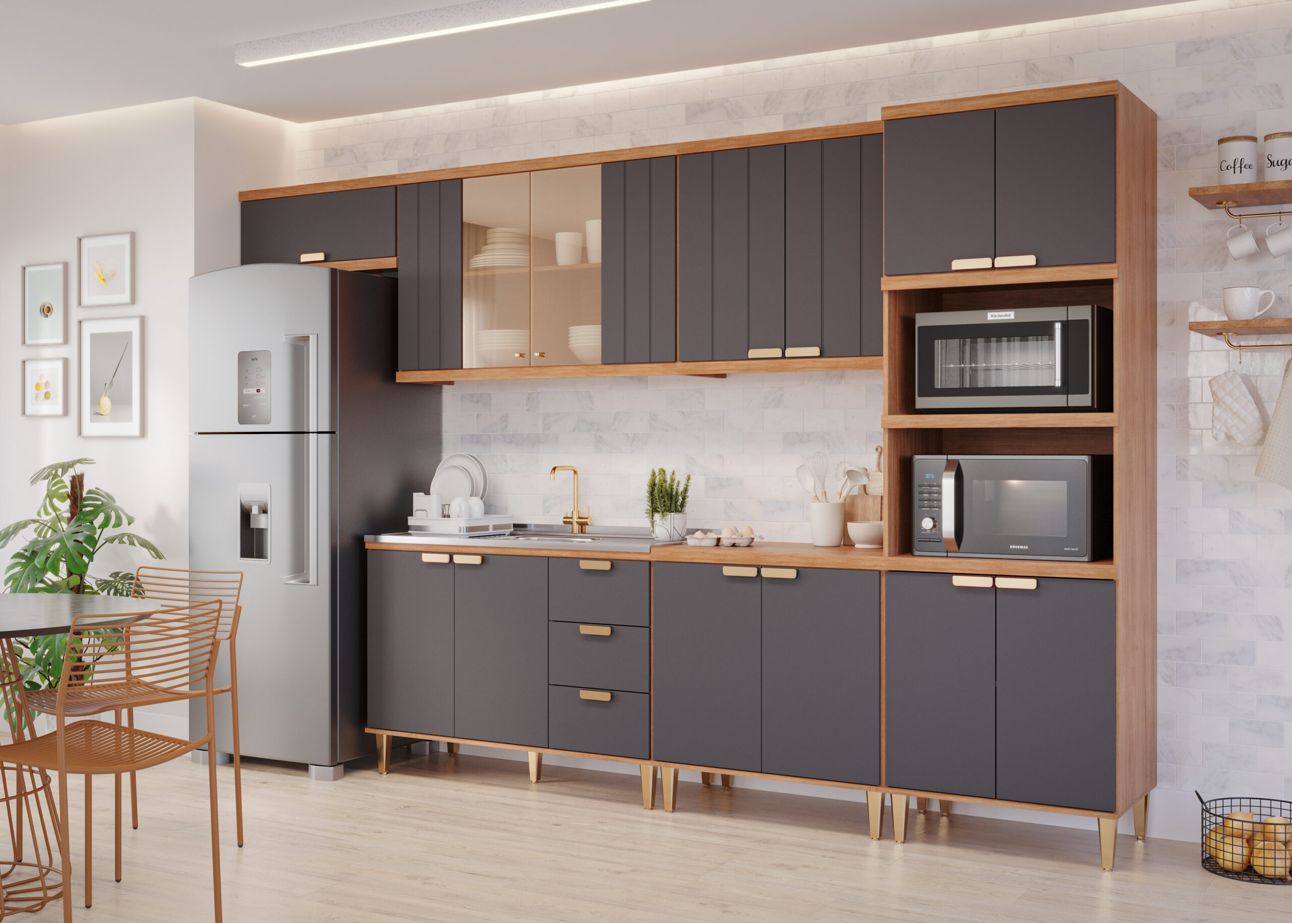 COZINHA ELENA COMBO TORRE 2 FORNOS + MOD 80 + MOD 120 COM PIA + AÉREO GELADEIRA CINAMOMO_TITÂNIO