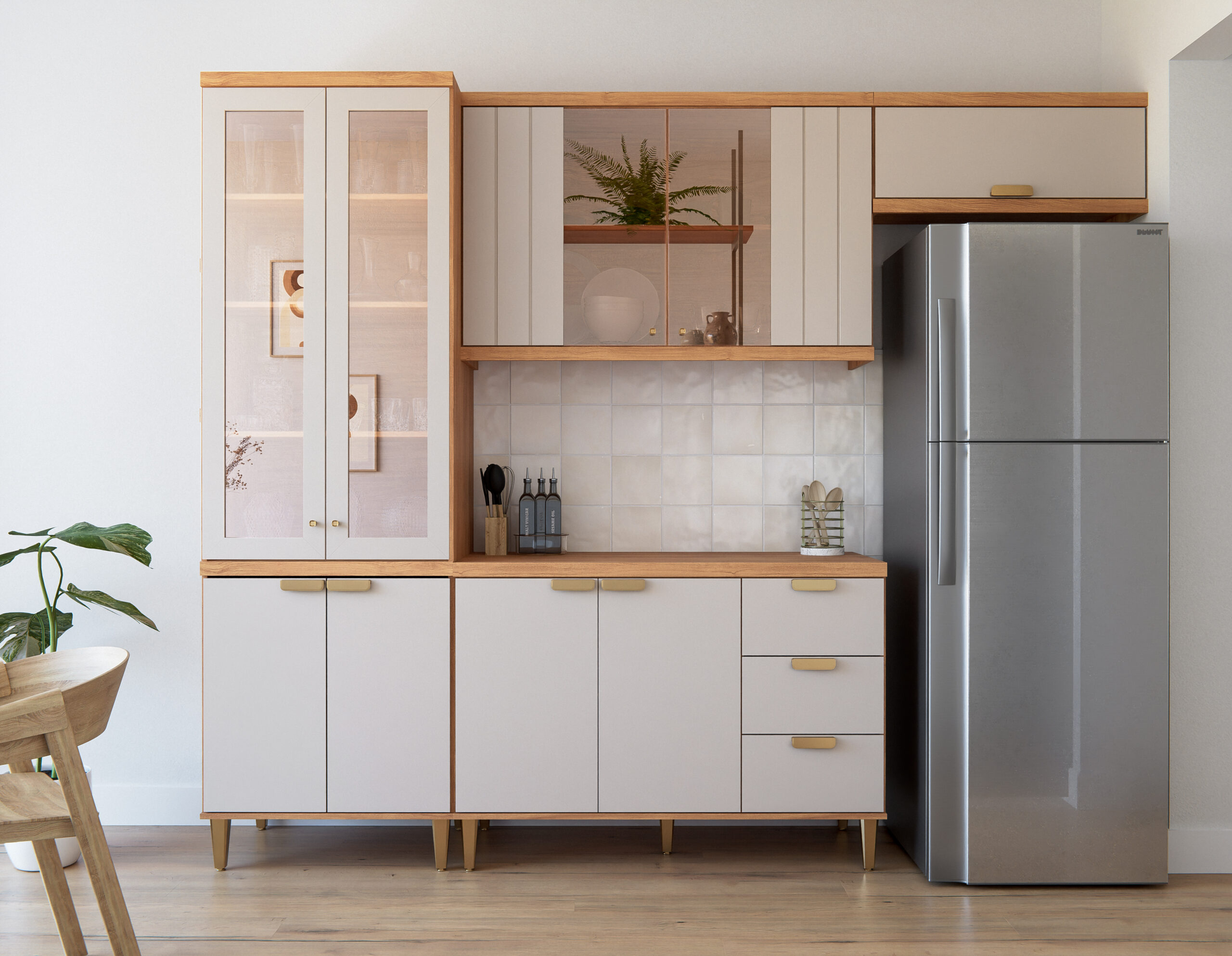 COZINHA ELENA CRISTALEIRA + BALCÃO 120 + AEREO 120 REFLECTA 2 PT + AEREO GEL CINAMOMO OFF