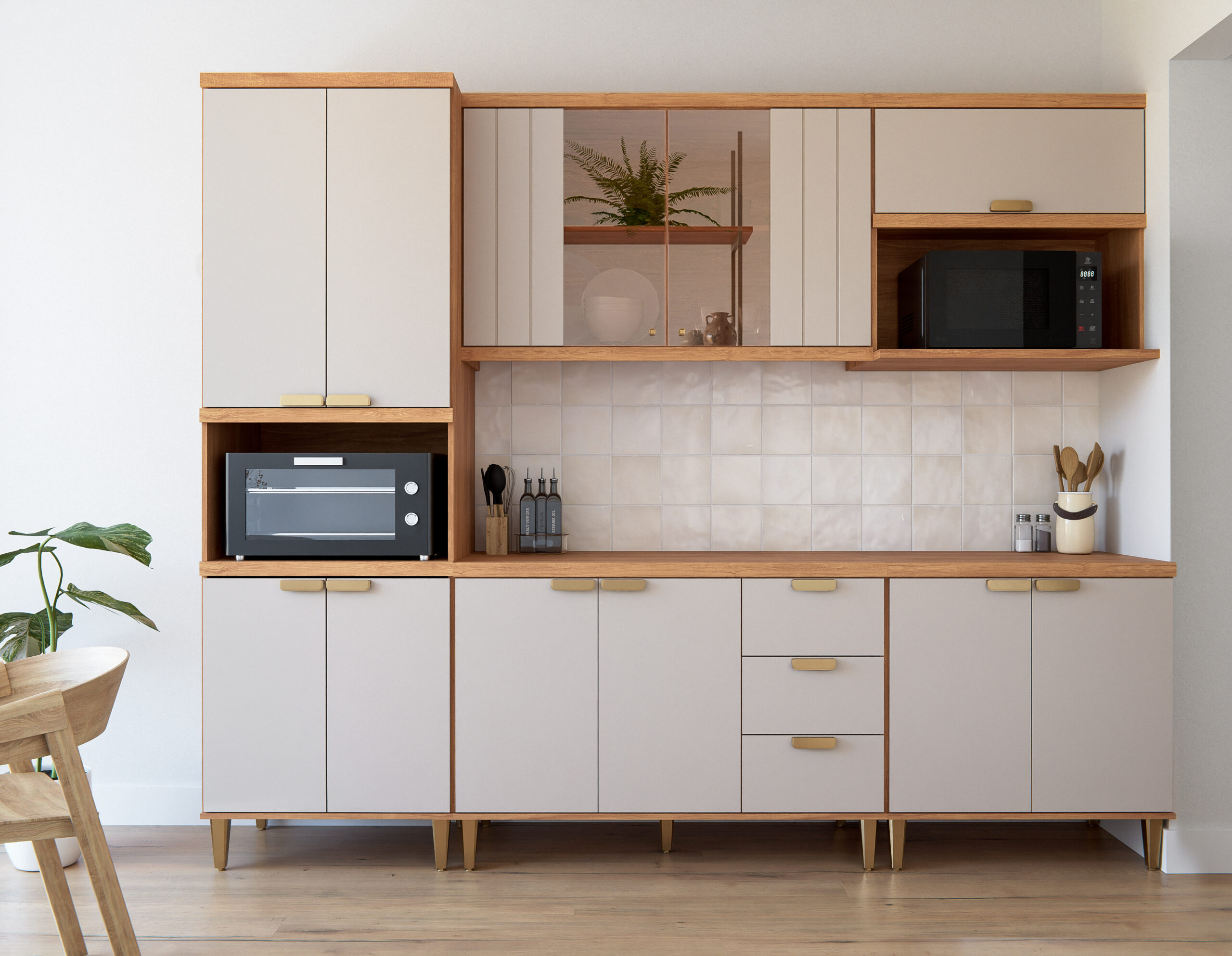 COZINHA ELENA TORRE 1 FORNO + BALCÃO 120 + AEREO 120 REFLECTA 2 PT + AEREO GEL + BALCÃO 80 + AEREO MICRO CINAMOMO OFF