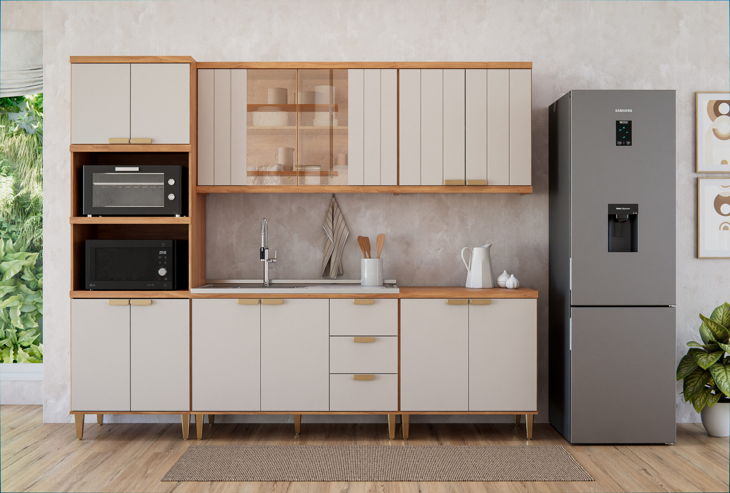 COZINHA ELENA TORRE 2 FORNO + BALCÃO 120 PIA + AEREO 120 REFLECTA 2 PT + AEREO 80 + BALCÃO 80 CINAMOMO OFF