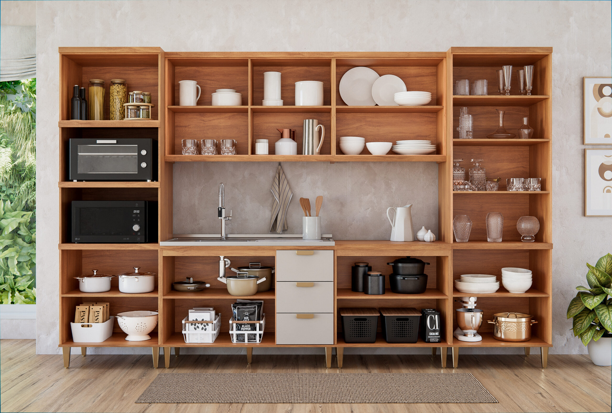 COZINHA ELENA TORRE 2 FORNO + BALCÃO 120 PIA + AEREO 120 REFLECTA 2 PT + AEREO 80 + BALCÃO 80 + CRISTALEIRA ABERTA CINAMOMO OFF